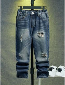 Boys Ripped Frayed Bleach Wash Jeans