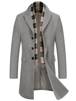 Men's Wool Blend Coat with Detachable Plaid Scarfs Notched Collar Single Breasted Pea Coat