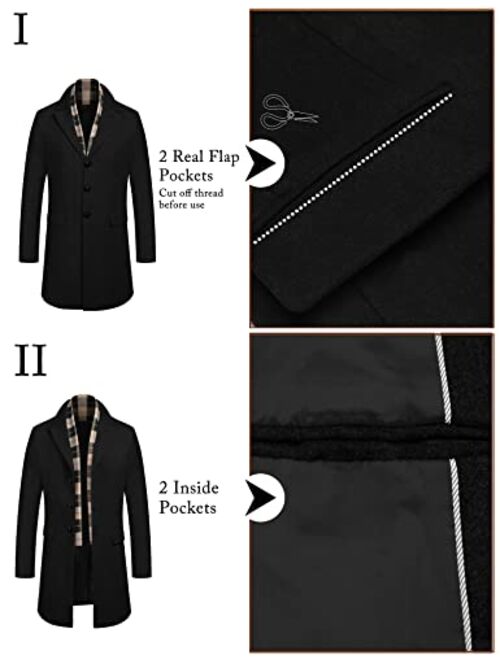 COOFANDY Men's Wool Blend Coat with Detachable Plaid Scarfs Notched Collar Single Breasted Pea Coat