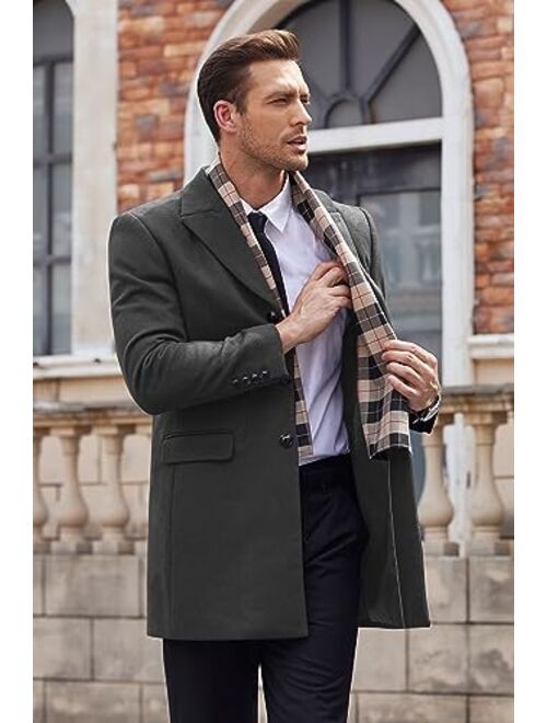 COOFANDY Men's Wool Blend Coat with Detachable Plaid Scarfs Notched Collar Single Breasted Pea Coat