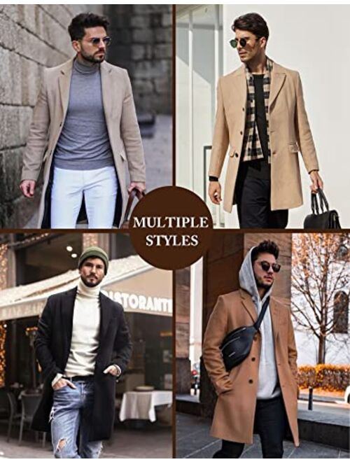 COOFANDY Men's Wool Blend Coat with Detachable Plaid Scarfs Notched Collar Single Breasted Pea Coat