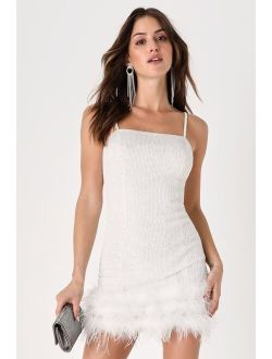 Truly Sensational White Sequin Feather Sleeveless Mini Dress