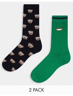 2 pack ankle socks with dog designs in multi