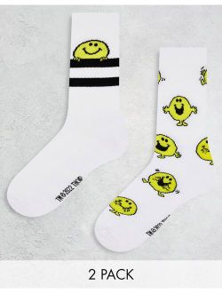 Mr Men 2 pack sports socks with Mr Happy in white