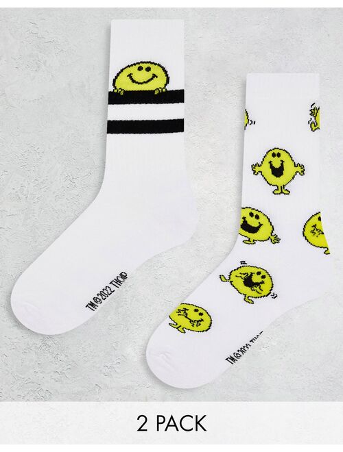 ASOS DESIGN Mr Men 2 pack sports socks with Mr Happy in white
