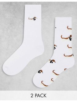 2 pack sport socks in white with dog print and embroidery