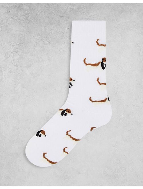 ASOS DESIGN 2 pack sport socks in white with dog print and embroidery