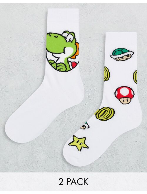 ASOS DESIGN Mario Kart Yoshi 2 pack ankle sock in white