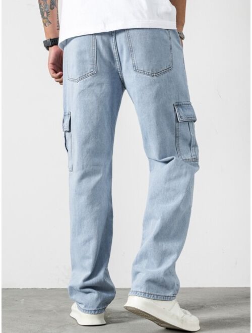 Shein Men Letter Patched Detail Flap Pocket Side Cargo Jeans