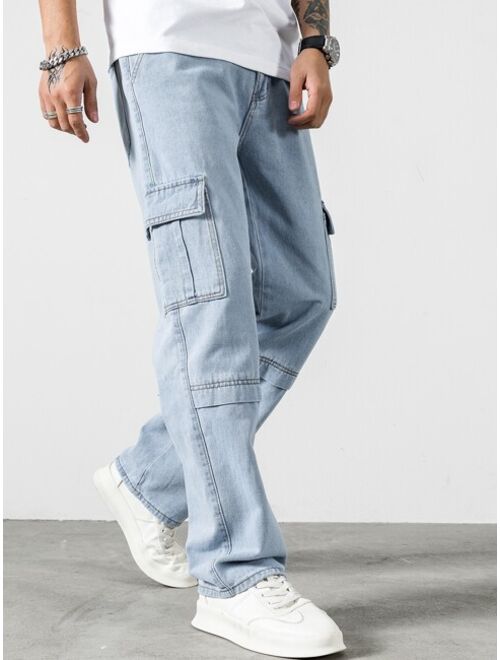 Shein Men Letter Patched Detail Flap Pocket Side Cargo Jeans