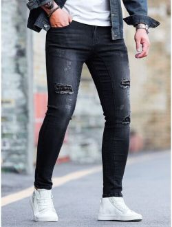 Men Ripped Cat s Whisker Washed Skinny Jeans