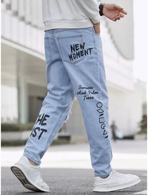 Shein Men Letter Graphic Ripped Tapered Jeans