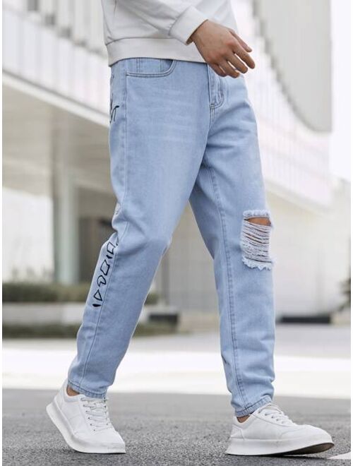 Shein Men Letter Graphic Ripped Tapered Jeans