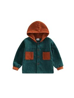 Gueuusu Unisex Baby Corduroy Shacket Jacket Boys Girls Long Sleeve Button Down Color Block Hooded Coat with Pockets Outwear
