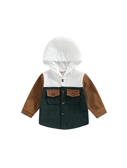 Gueuusu Unisex Baby Corduroy Shacket Jacket Boys Girls Long Sleeve Button Down Color Block Hooded Coat with Pockets Outwear
