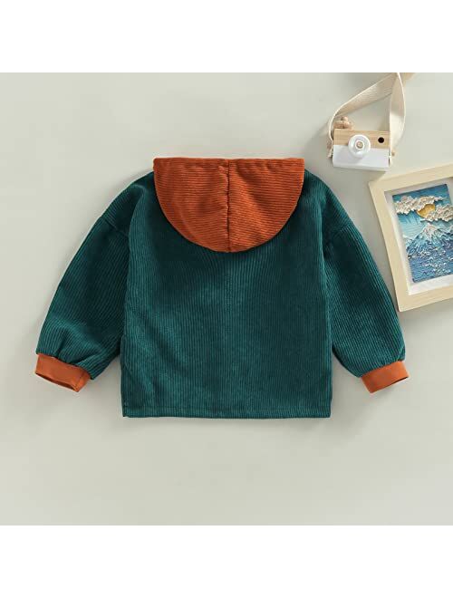 Gueuusu Unisex Baby Corduroy Shacket Jacket Boys Girls Long Sleeve Button Down Color Block Hooded Coat with Pockets Outwear