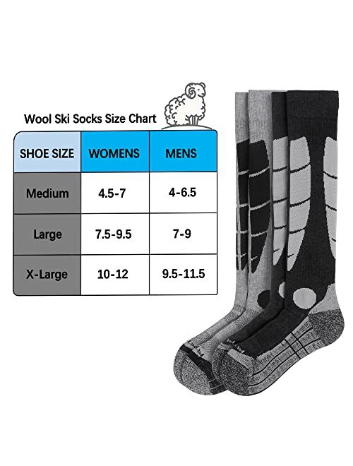Tough Land Wool Ski Socks for Women & MenSnowboarding Socks, OTC, Cushioned, Warm, Durable, Easy Care. 2 Pairs