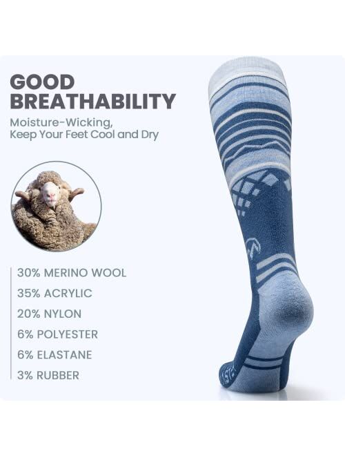 OutdoorMaster Ski Socks 2-Pack Merino Wool, Over The Calf (OTC) Non-Slip Cuff for Men & Women