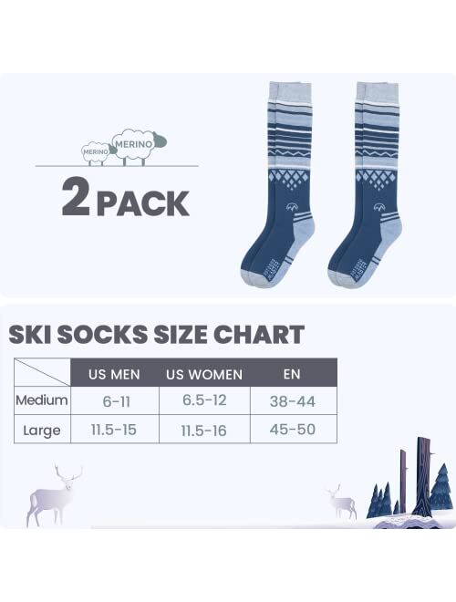 OutdoorMaster Ski Socks 2-Pack Merino Wool, Over The Calf (OTC) Non-Slip Cuff for Men & Women