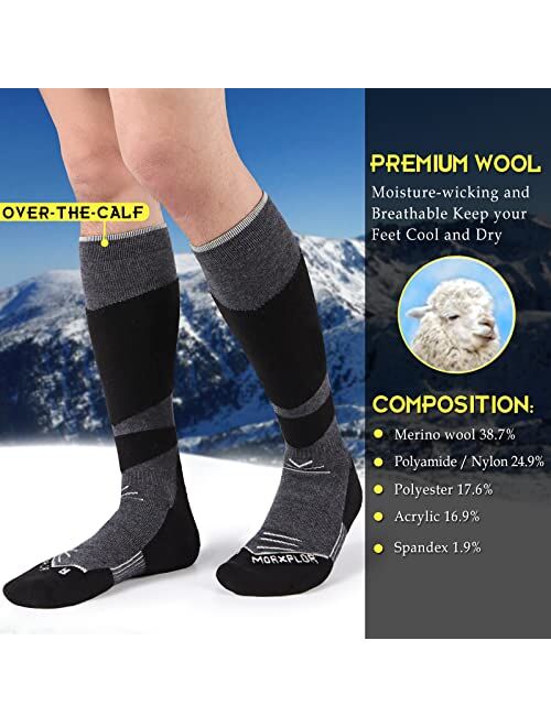 MORXPLOR Merino Wool Ski Socks 2 Pairs Pack for Men&Women,Skiing and Snowboarding Knee High Warm Socks for Cold Weather