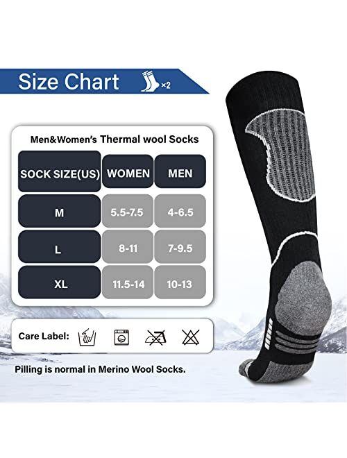 Unenow Merino Wool Ski Socks 2 Pairs, Thermal Knee High Warm Socks for Snowboarding, Hiking, Cold Weather, Snow, Hunting