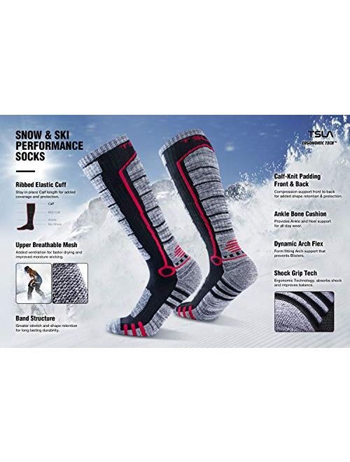 TSLA 2 Pack Men and Women Winter Ski Socks, Calf Compression Snowboard Socks, Warm Thermal Socks for Cold Weather