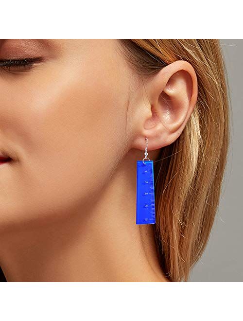Just Follow Asymmetrical Triangle Straight Ruler Earrings Dangle Earrings Blue Drop Earrings Math Teacher Jewelry Gift 80s Party Favors