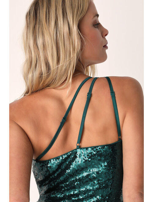 Lulus Living For The Party Green Sequin One-Shoulder Mini Dress