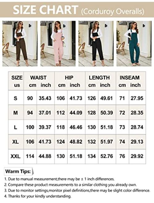 Flygo Corduroy Overalls for Women Loose Fit Adjustable Straps Long Bib Pants Wide Leg Jumpsuits