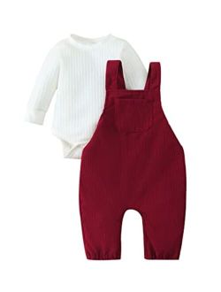 Frloony Newborn Baby Girl Clothes Solid Ribbed Long Sleeve Romper + Corduroy Overalls Pants Set Infant Winter Outfits 2Pcs