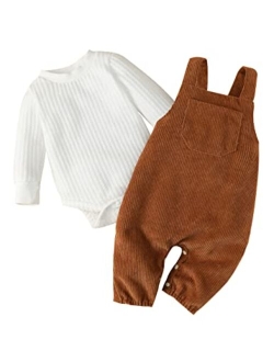 Frloony Newborn Baby Girl Clothes Solid Ribbed Long Sleeve Romper + Corduroy Overalls Pants Set Infant Winter Outfits 2Pcs