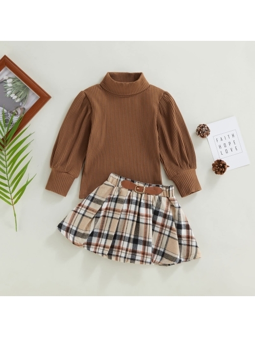 Rsrzrcj Kids Toddler Baby Girl Fall Winter Outfit Long Sleeve Pompom Knitted Shirt Sweater Top Button Skirt 2PCS Clothes Set