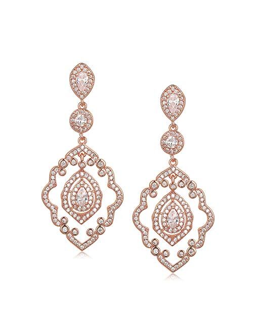 SWEETV Chandelier Wedding Earrings Rose Gold Bridal Earrings for Women Brides-Art Deco Drop Dangle Earrings