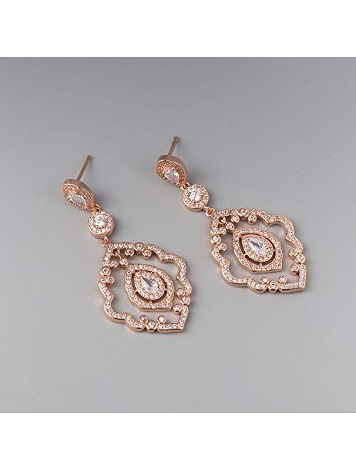 SWEETV Chandelier Wedding Earrings Rose Gold Bridal Earrings for Women Brides-Art Deco Drop Dangle Earrings
