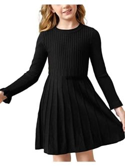 Pengfei Little Girls Knit Sweater Dress Long Sleeve Ribbed Ruffle Dress Kids Pullover Dresses