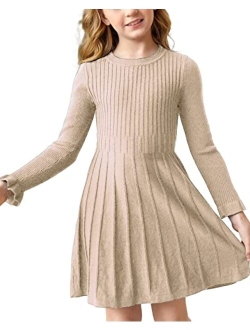 Pengfei Little Girls Knit Sweater Dress Long Sleeve Ribbed Ruffle Dress Kids Pullover Dresses