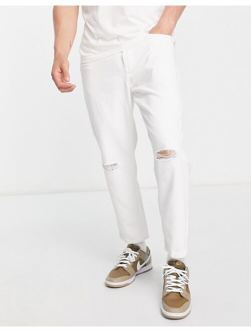 Only & Sons Avi tapered cropped jeans in white with rips