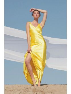 Perfectly Classy Yellow Satin Strappy Maxi Dress