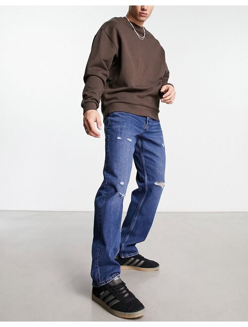 Only & Sons Edge loose fit jeans in mid wash with rips