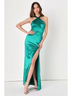 Extravagant Feelings Emerald Green Satin Halter Maxi Dress