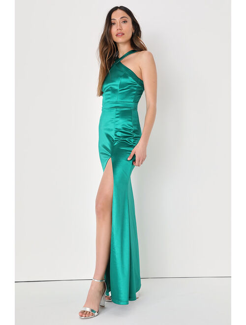Lulus Extravagant Feelings Emerald Green Satin Halter Maxi Dress