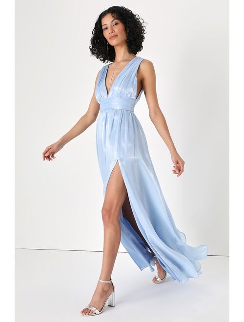 Lulus Dreamy Occasion Shiny Light Blue Sleeveless Maxi Dress