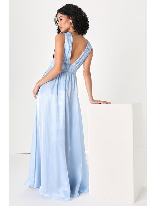 Lulus Dreamy Occasion Shiny Light Blue Sleeveless Maxi Dress
