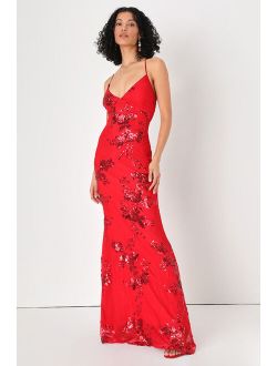Valhalla Red Sequin Lace-Up Maxi Dress