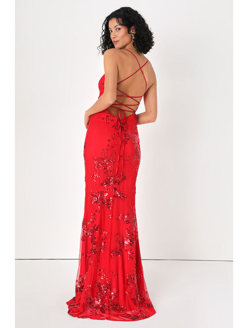 Lulus Valhalla Red Sequin Lace-Up Maxi Dress