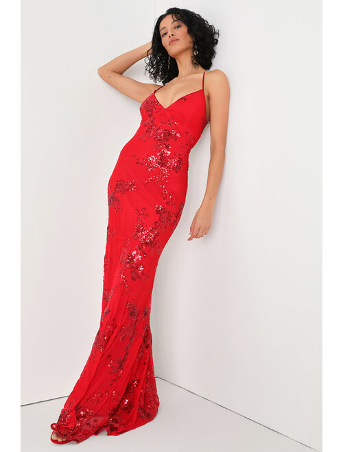 Lulus Valhalla Red Sequin Lace-Up Maxi Dress