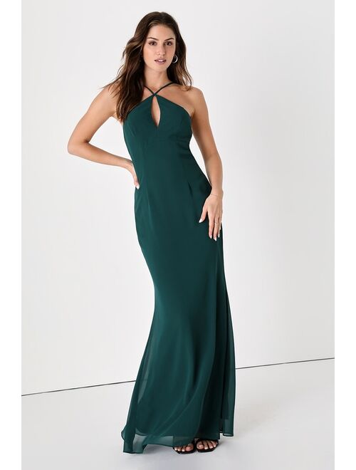 Lulus Here for Amour Hunter Green Halter Neck Mermaid Maxi Dress