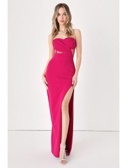 Sultry Glances Magenta Pleated Strapless Mesh Bustier Maxi Dress