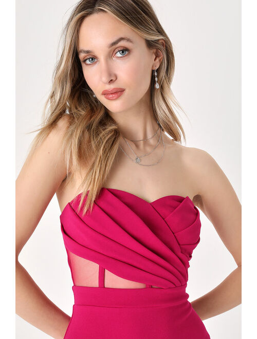 Lulus Sultry Glances Magenta Pleated Strapless Mesh Bustier Maxi Dress