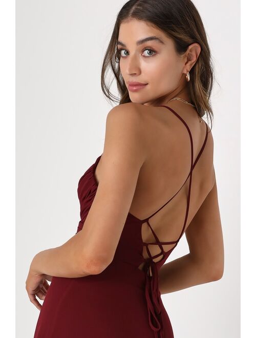 Lulus Event Ready Burgundy Backless Lace-Up Maxi Dress